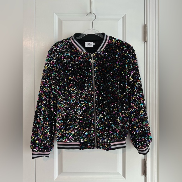 Lola + The Boys Girls Shimmering Stardust Sequin Bomber Jacket Size 14